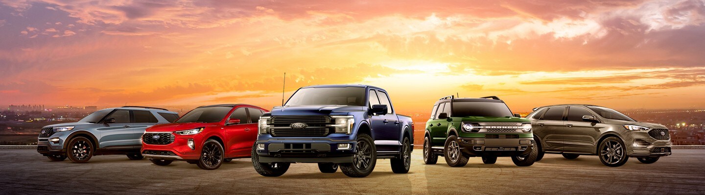 Get great offers on a new Ford. Lineup of 2024 Ford vehicles. Left to right, explorer, escape, F-150, Bronco Sport, Edge. 