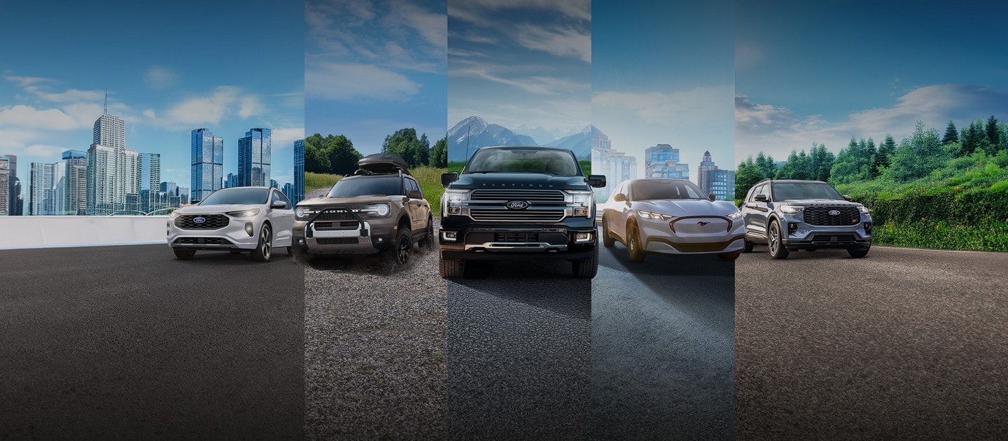 The lineup of Ford vehicles is shown from left to right: Escape, Bronco Sport, F-150, Mach-E, and Explorer. The lineup of Ford vehicles is shown from left to right: Bronco Sport, F-150, and Mach-E. 