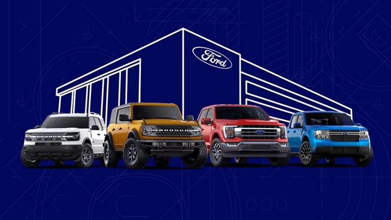 A lineup of Ford vehicles, featuring Bronco, Bronco Sport, F 1 50, and Maverick