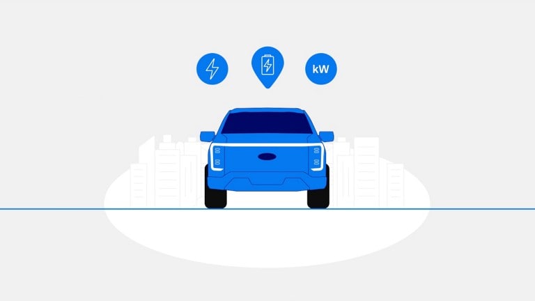 Illustrated image of an F-150 Lightning with three icons above representing charging, battery, and kilowatts.