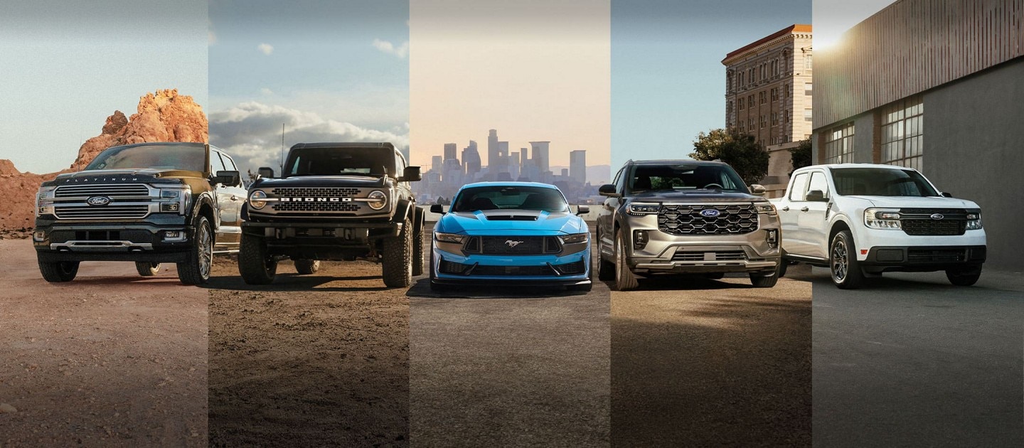 Ford vehicle lineup including F-150, Bronco, Mustang, Explorer & Maverick.