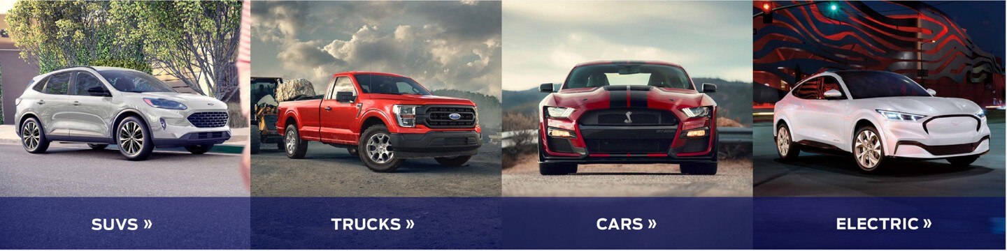 S U Vs, picture of a grey Ford Edge. Trucks, picture of a red Ford f 1 50. Cars, picture of a red Ford Mustang Shebly. Electric, picture of a white Ford Mach e.