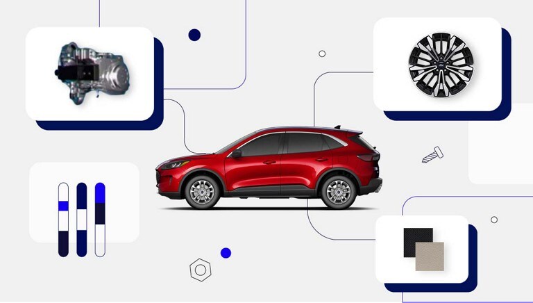 Red Ford Escape on a light grey background with shopping icons
