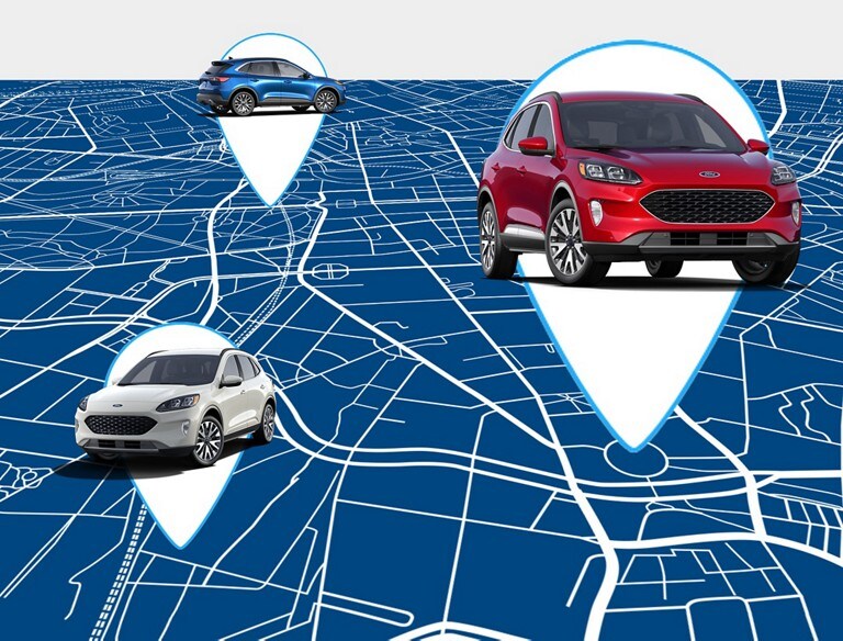 A blue landscape with locations of different Ford vehicles