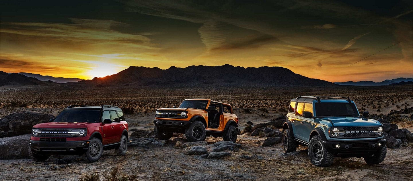 Various 2021 Ford Bronco models parked near each other in the desert at sunset