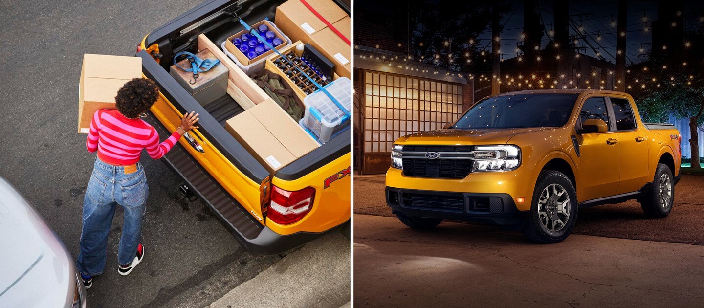 Left: A woman loads cargo into the rear of a Ford Maverick. Right: A yellow Ford Maverick parked on a city street at night.