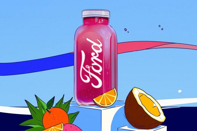 Graphic representation of a Ford branded smoothie bottle