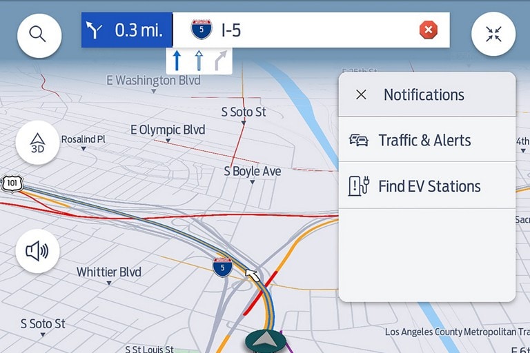 SYNC 4 navigation displaying notifications for EV chargers and traffic alerts
