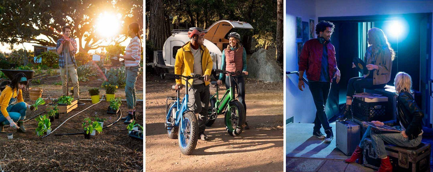 Three images of people gardening and walking bicycles through campground and holding vinyl records