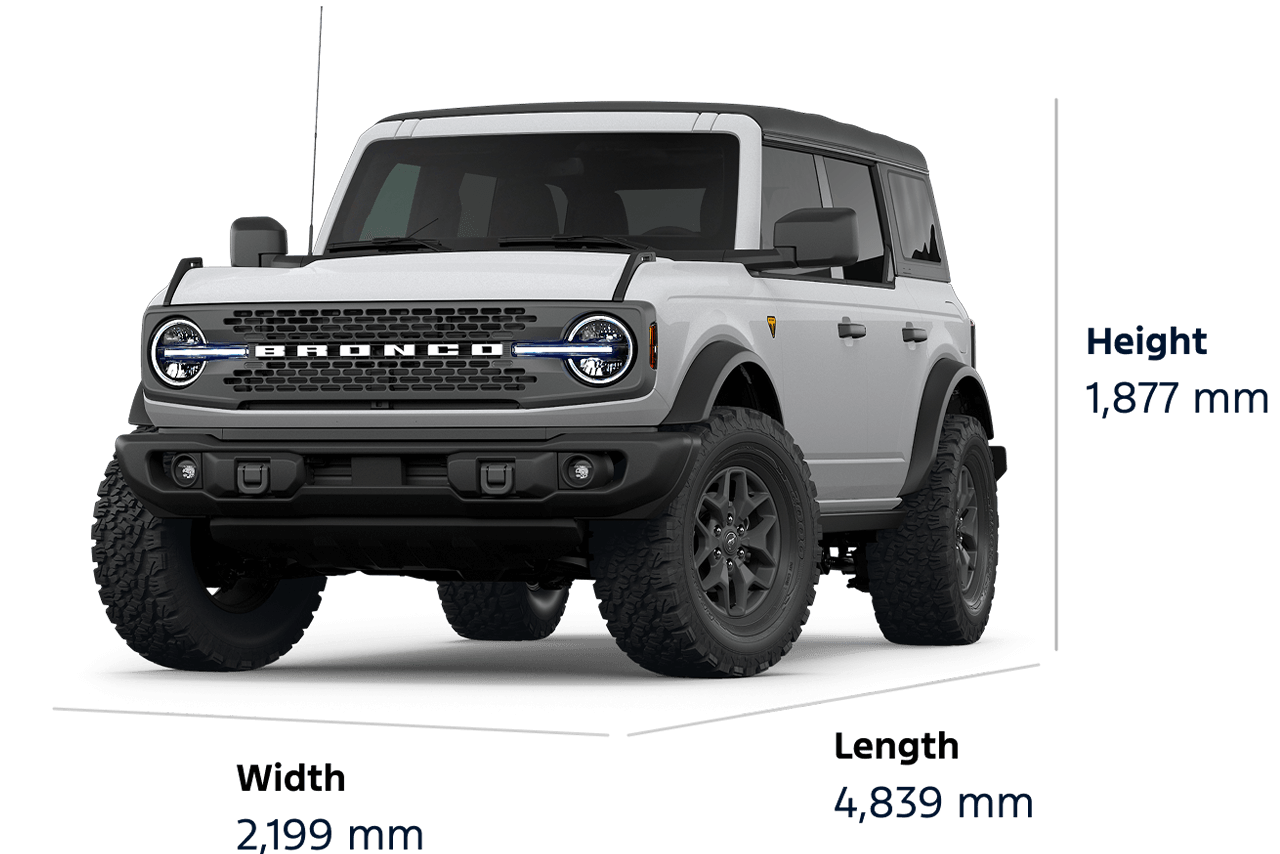 Dimension diagram for a 2026 Ford Bronco® Badlands® SUV: height 1,874.5 mm, width 2,189 mm, length 4,439 mm