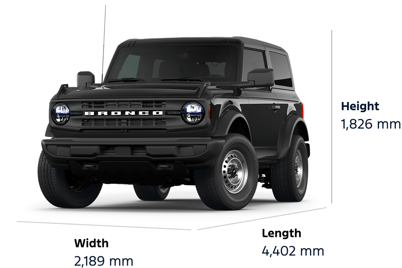 Dimension diagram for a 2026 Ford Bronco® Base model SUV: height 1,826 mm, width 2,189 mm, length 4,402 mm