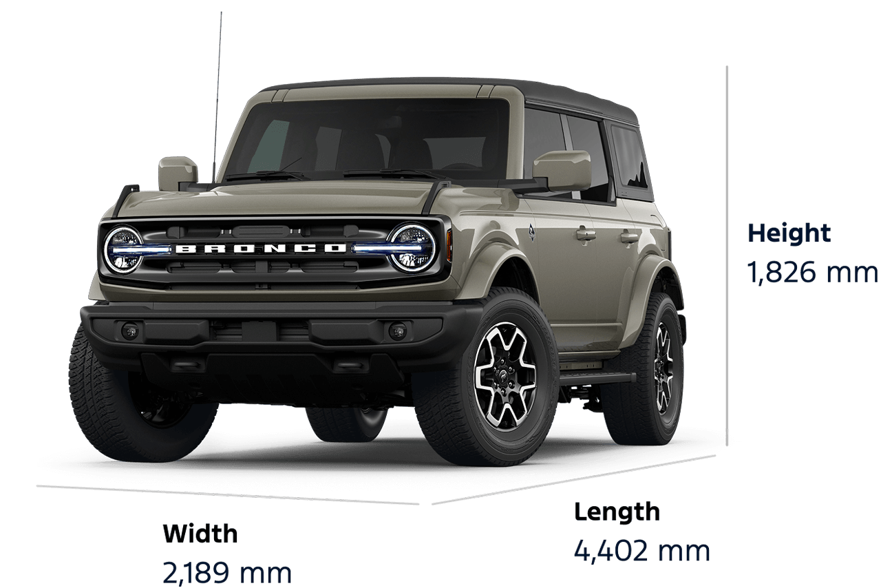 Dimension diagram for a 2026 Ford Bronco® Outer Banks® SUV: height 1,851 mm, width 2,189 mm, length 4,802 mm