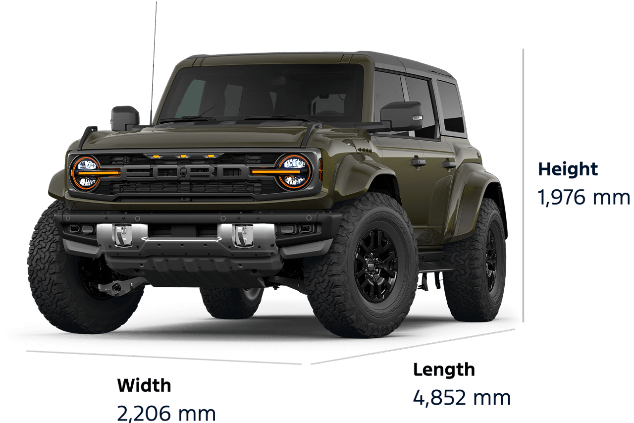 Dimension diagram for a 2026 Ford Bronco® Raptor® SUV: height 1,976 mm, width 2,206 mm, length 4,852 mm