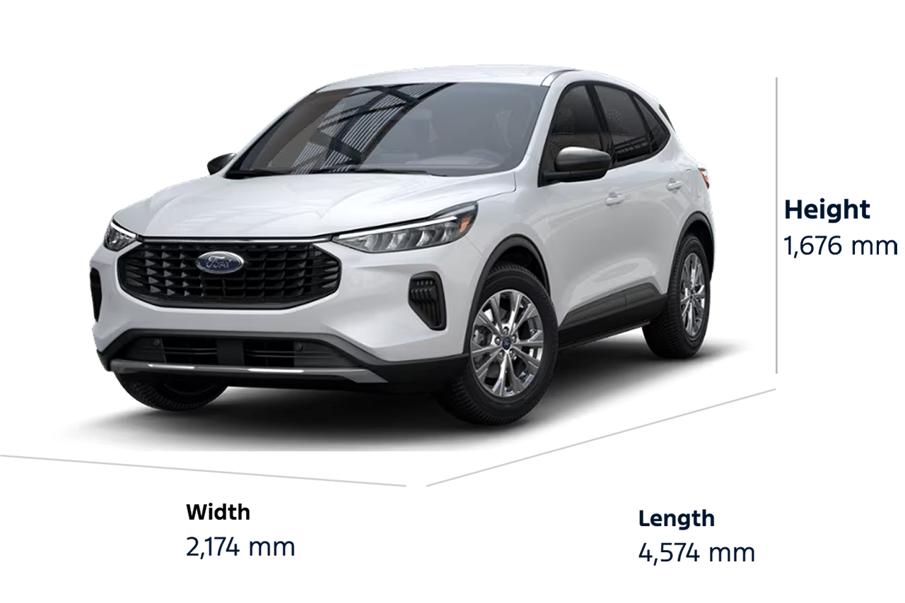 2025 Ford Escape® Active model dimensions, Length: 4,574 mm, Height: 1,676 mm, Width: 2,174 mm