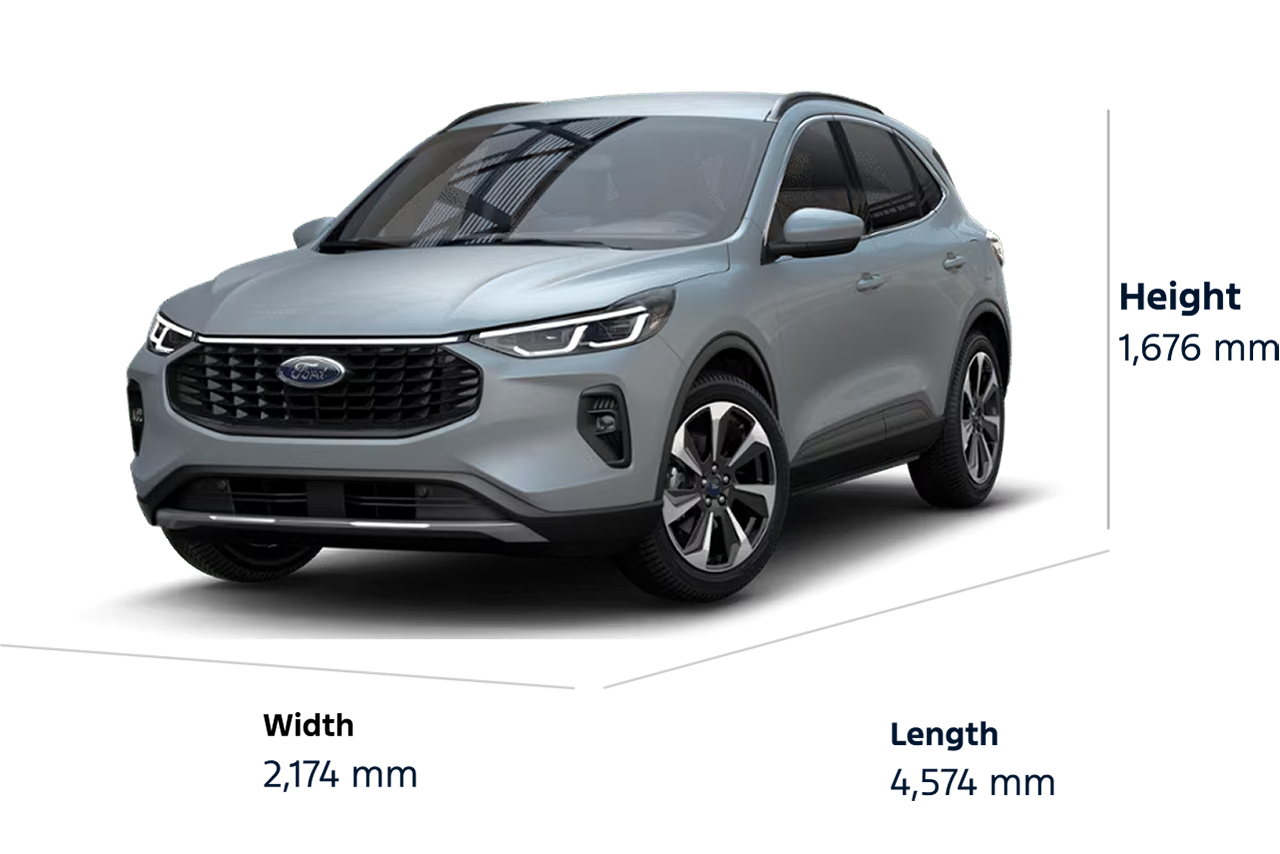 2025 Ford Escape® Platinum model dimensions, Length: 4,574 mm, Height: 1,676 mm, Width: 2,174 mm