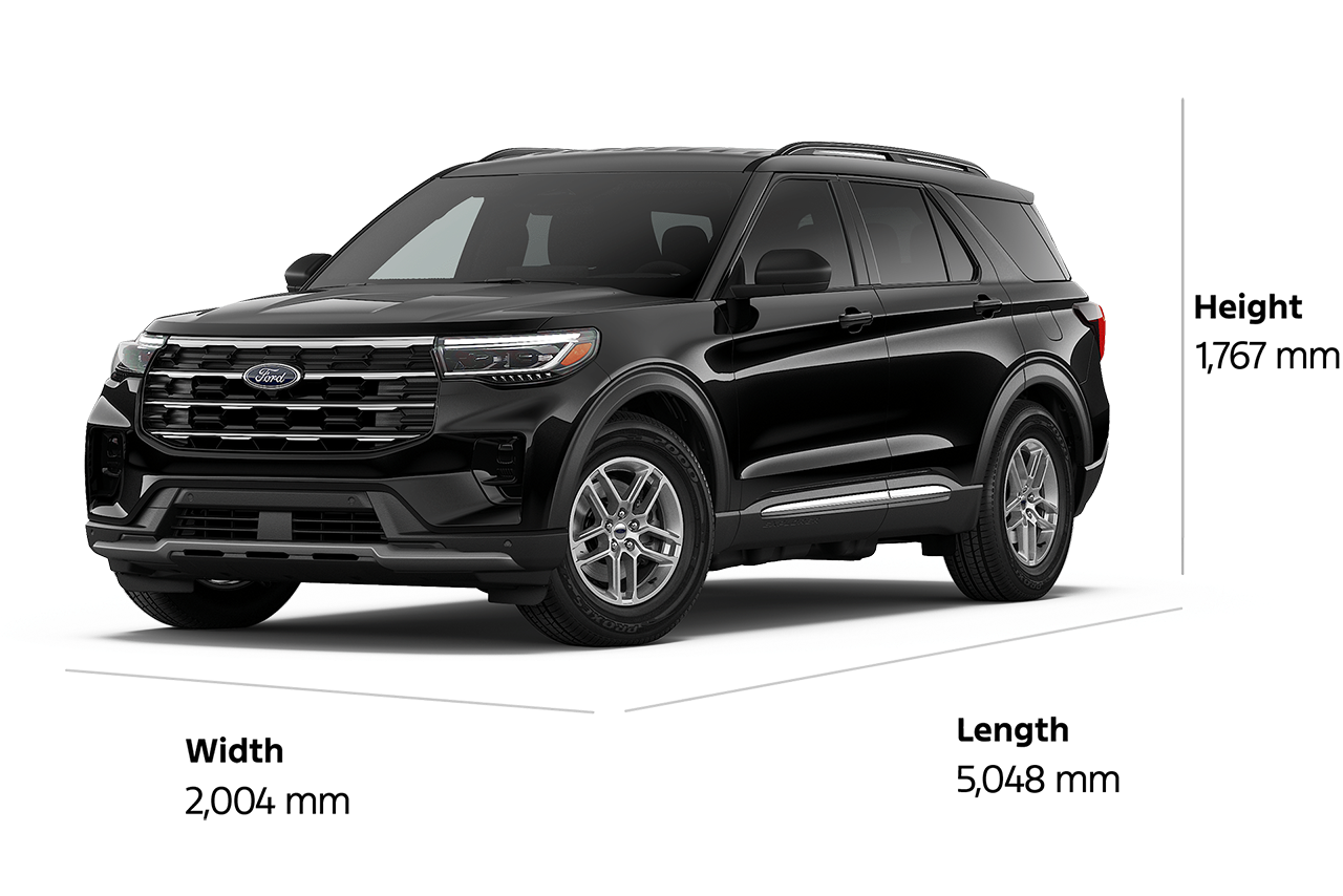 A 2026 Ford Explorer® Active SUV with a length of 5,048 mm, a width of 2,004 mm, and a height of 1,767 mm