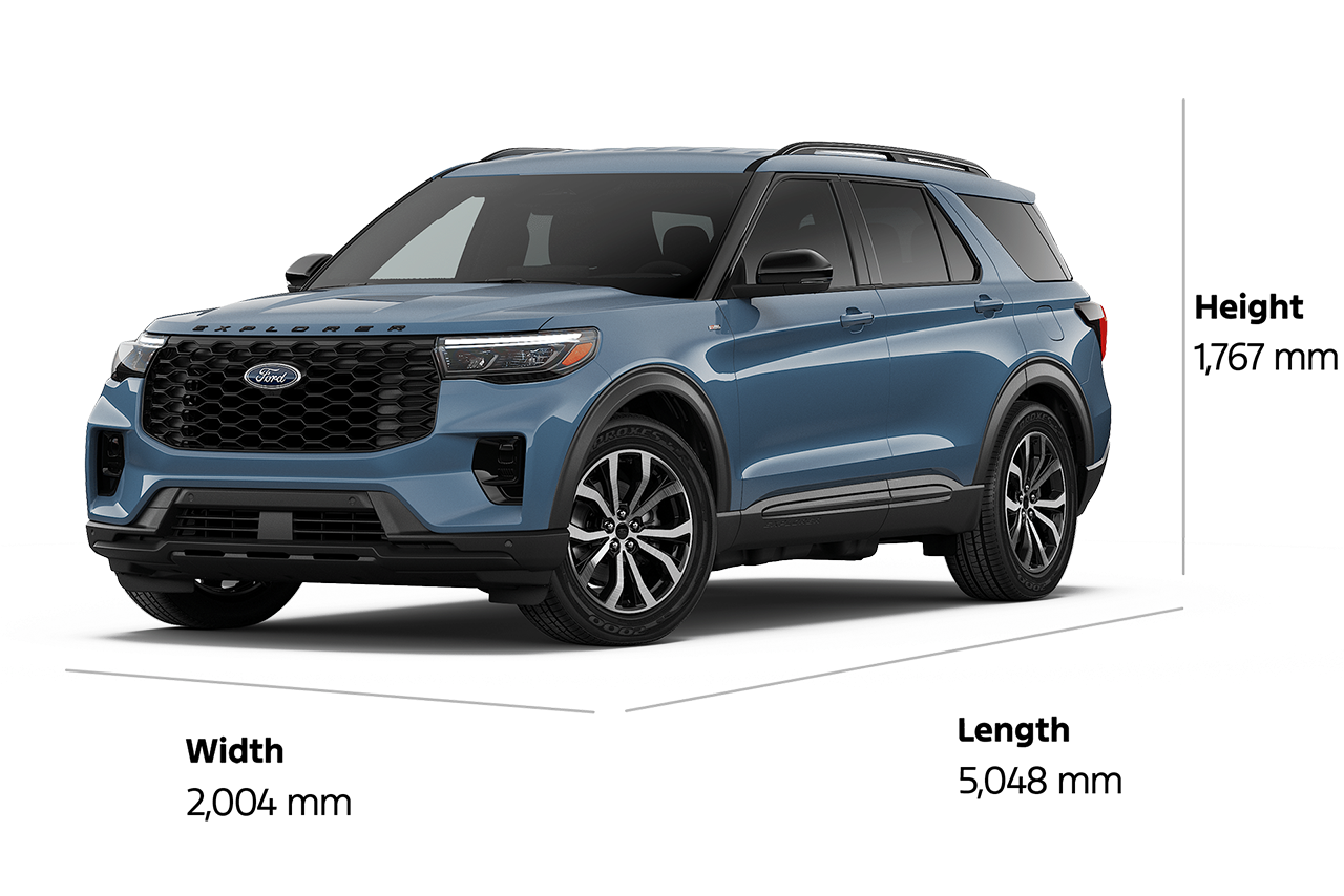 A 2026 Ford Explorer® ST-Line SUV with a length of 5,048 mm, a width of 2,004 mm, and a height of 1,767 mm