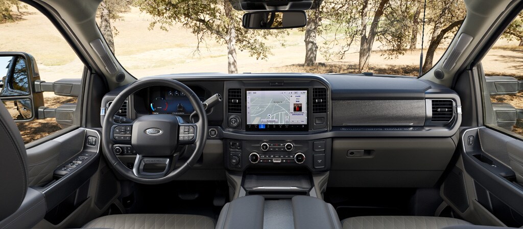 Dashboard interior view of the 2026 Ford Super Duty® F-350® with the Platinum® Plus Package