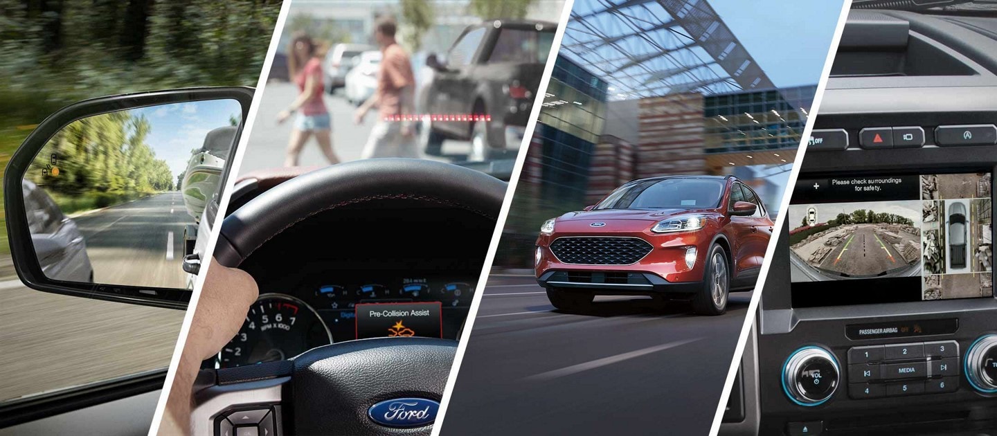 Collage featuring from left to right: BLISS icon in rear view mirror, Pre-Collision Assist warning in instrument cluster, a red Ford Escape, and the 360 camera view in the integrated touch screen.