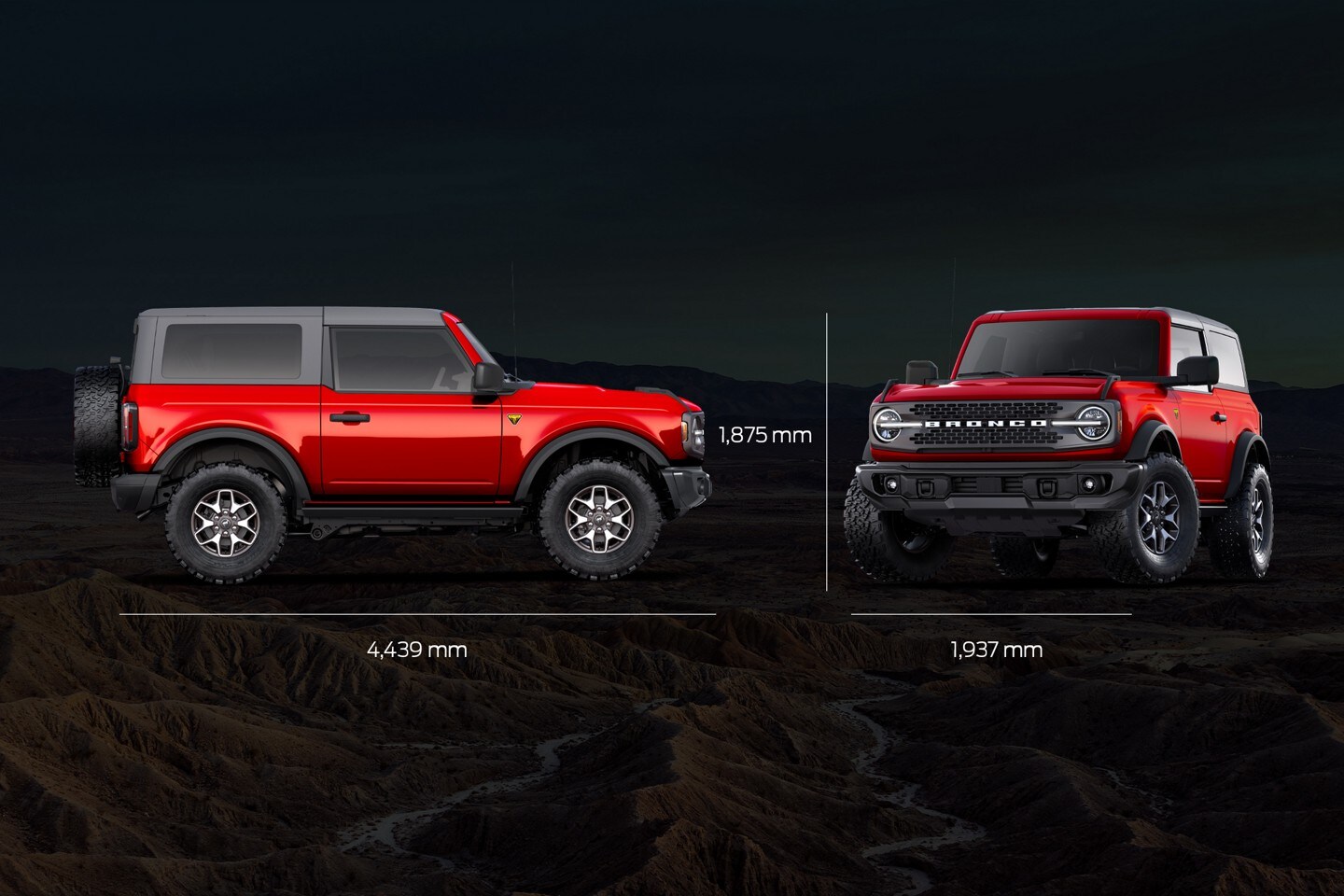 2-door 2023 Ford Bronco® Badlands™ model in Hot Pepper Red Metallic Tinted Clearcoat showing vehicle dimensions