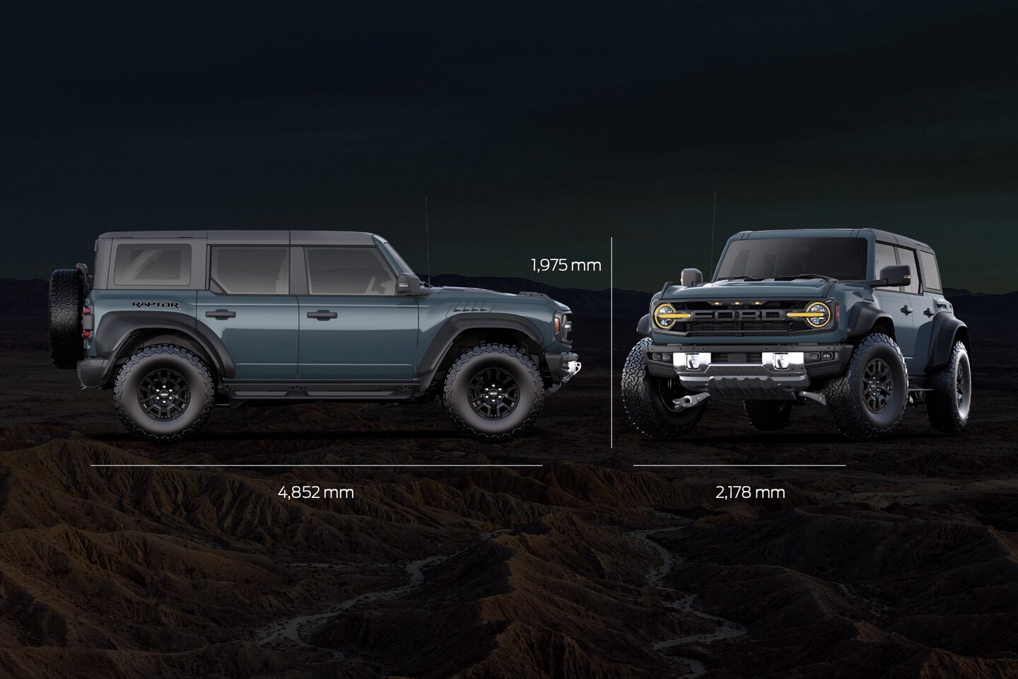 4-door 2023 Ford Bronco® Raptor® in Azure Grey Metallic Tri-Coat showing vehicle dimensions