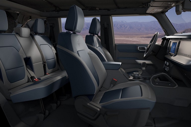 Interior view of 2023 Ford Bronco® with available leather-trimmed seating