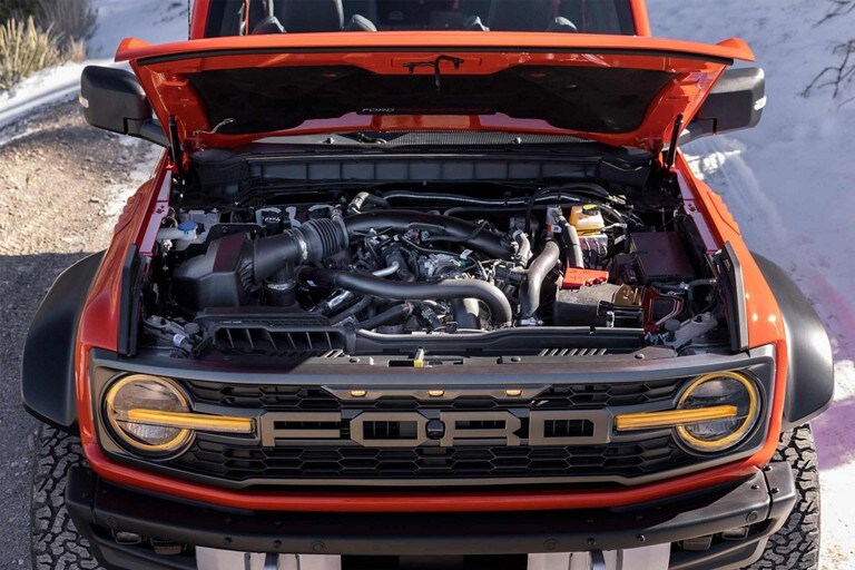 Open hood of a 2023 Ford Bronco® Raptor® showing the engine