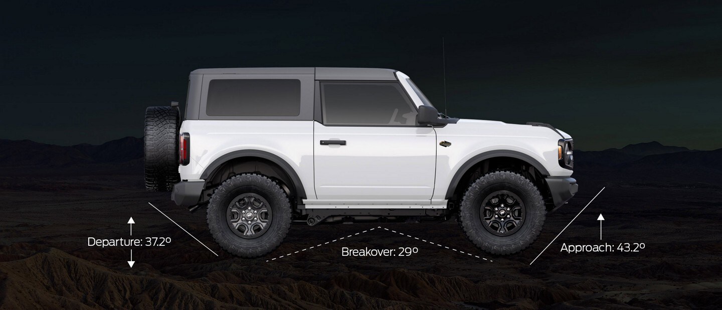 2-door 2024 Ford Bronco® Wildtrak™ SUV in Oxford White with angle diagrams