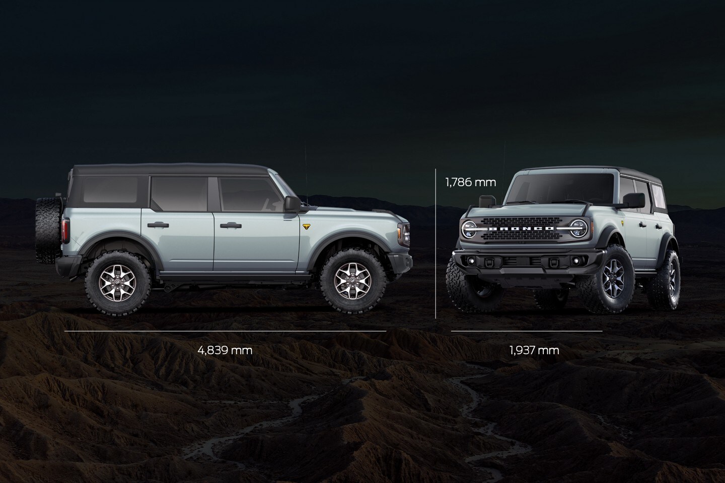 4-door 2024 Ford Bronco® Badlands™ model in Cactus Grey showing vehicle dimensions