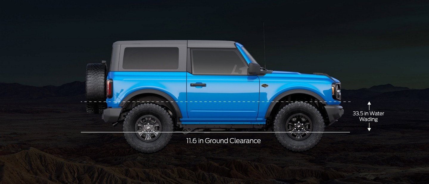 2-door 2024 Ford Bronco® Wildtrak™ in Velocity Blue Metallic with clearance diagrams