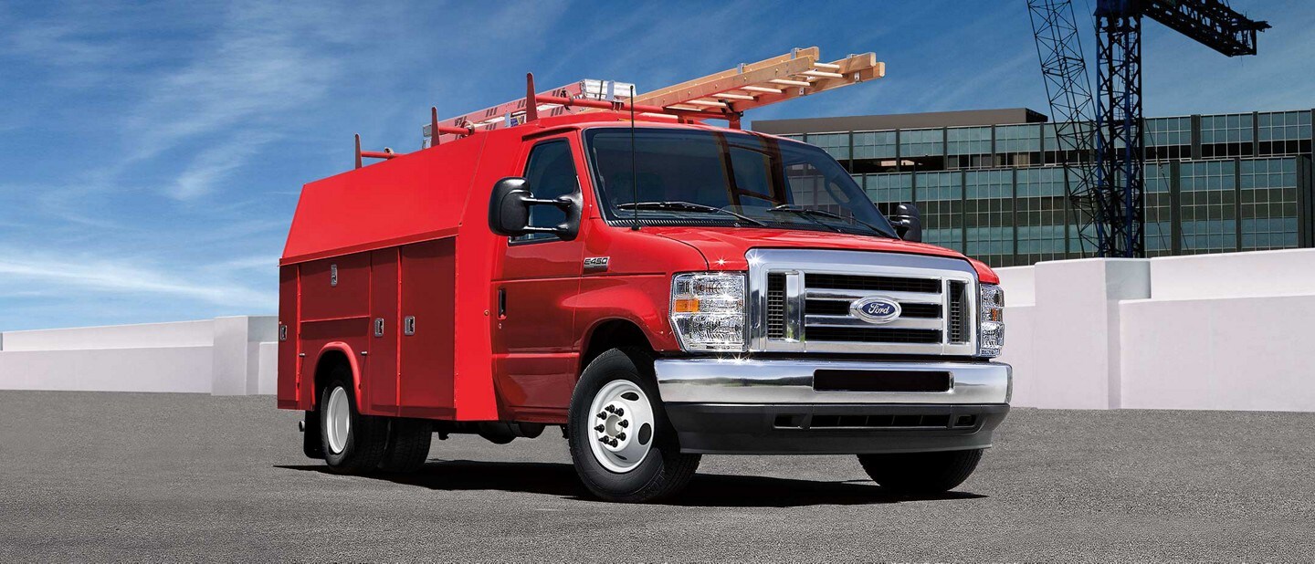 2024 Ford E-Series Cutaway with upfit contractors body hauling a ladder