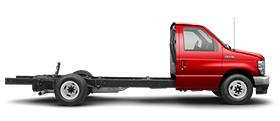 2024 Ford E-Series Cutaway 350 duel-rear-wheel in Race Red side profile angle shown