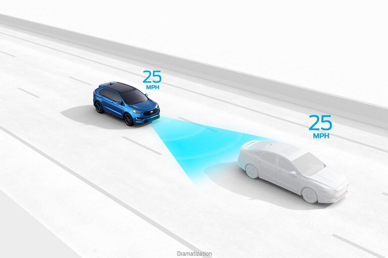 Graphic depicting Adaptive Cruise Control with Stop-and-Go, navigation and Evasive Steering Assist