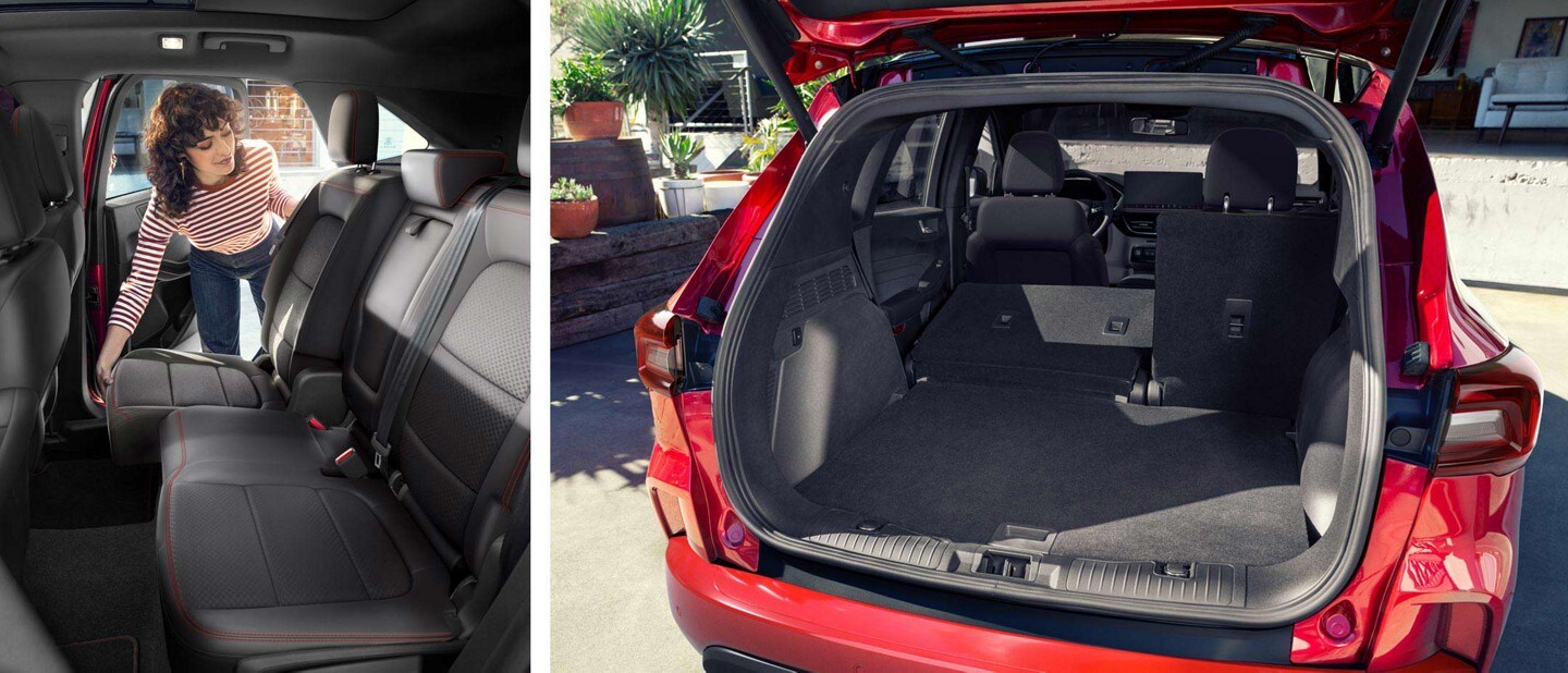 Interior view of the 2023 Ford Escape® 2nd-row sliding seats and interior view with 2nd-row seats folded down