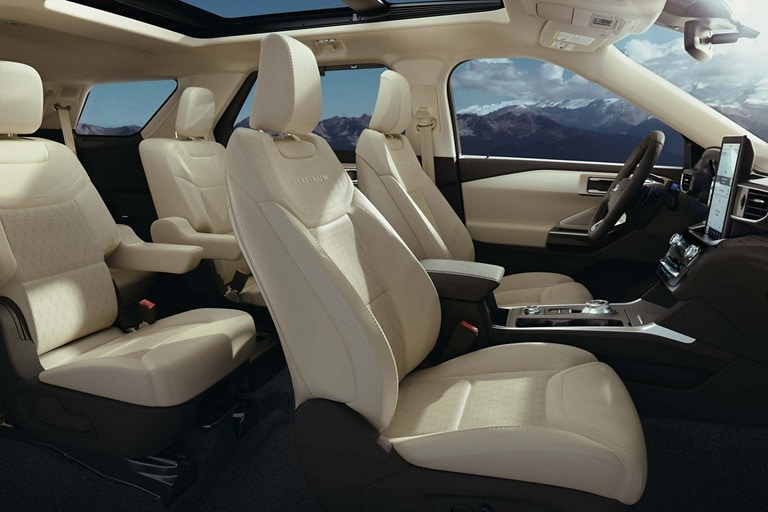2023 Ford Explorer® Platinum SUV interior showing tri-diamond leather seating surfaces