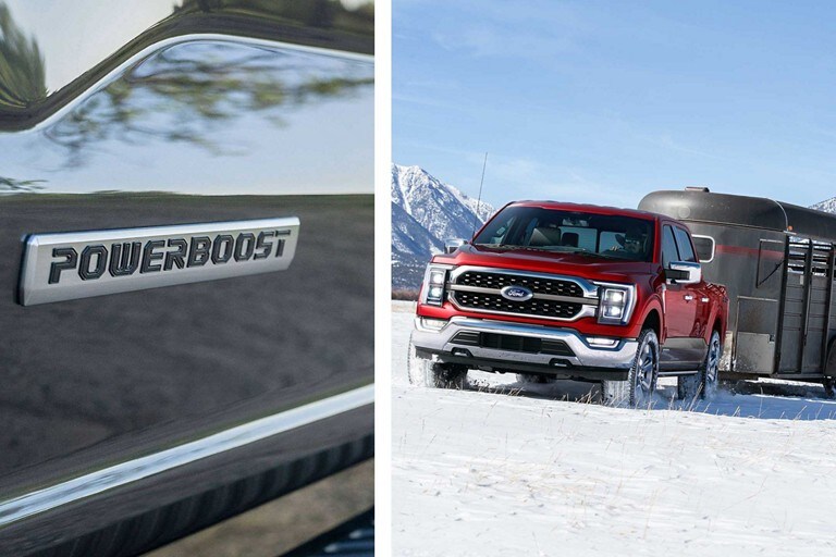 Close-up of the PowerBoost™ emblem and a 2023 Ford F-150® hybrid pulling a trailer in the snow