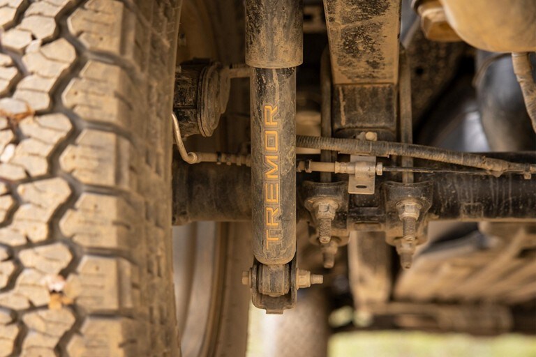 Close-up of the shocks on 2023 Ford F-150® Tremor® logo on rear