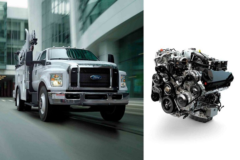 2024 Ford F-750 SuperCab in Oxford White being driven on road and 6.7 Litre Power Stroke® V8 Turbo Diesel engine