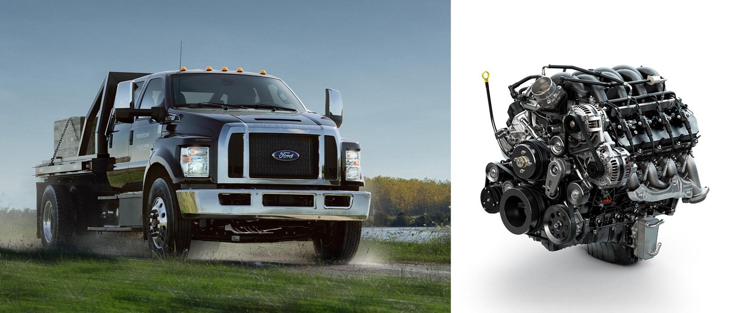 2024 Ford F-750 Crew Cab in Agate Black being driven on dirt road near grass and water and 7.3-litre V8 gas engine