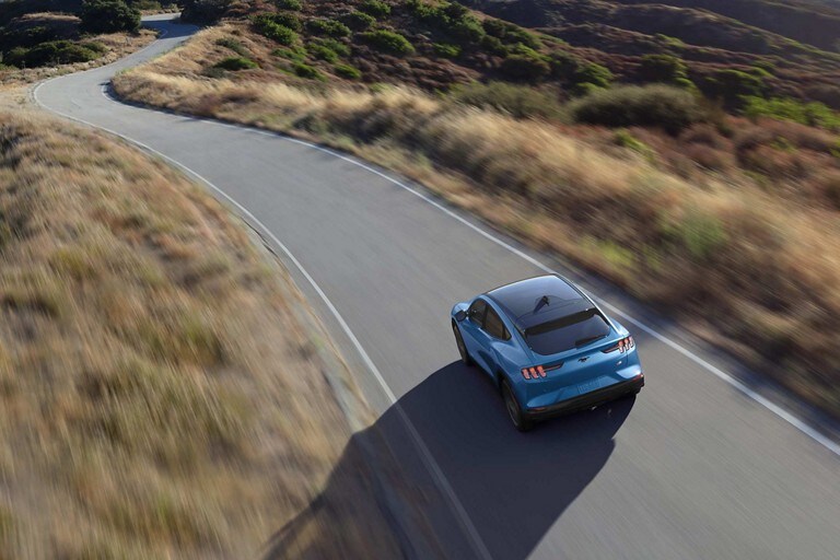 Overhead view of a 2023 Ford Mustang Mach-E® California Route 1 on a highway