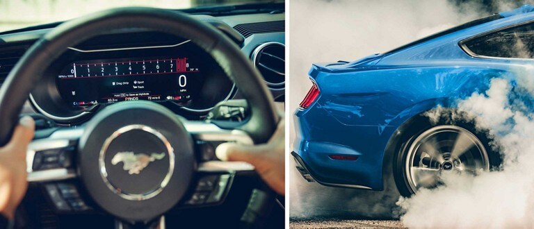 Split-screen of a close-up of a 2023 Ford Mustang® steering wheel and a 2023 Ford Mustang® with spinning tires