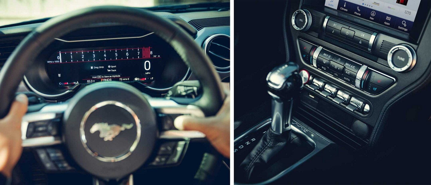 Split screen with a 2023 Ford Mustang® coupe steering wheel on the left and the centre console on the right