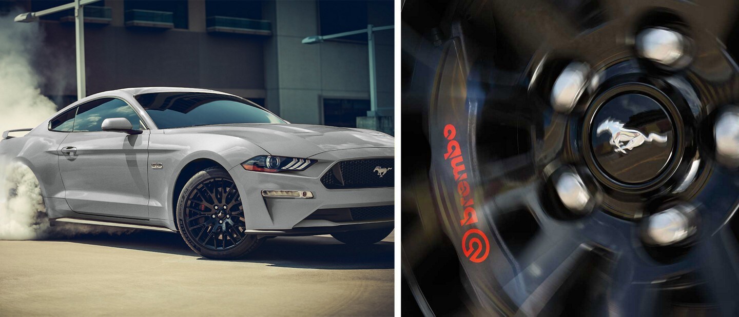 Split screen: Left is a 2023 Ford Mustang® coupe performing a burnout. Right is a close-up of the Brembo™ brakes