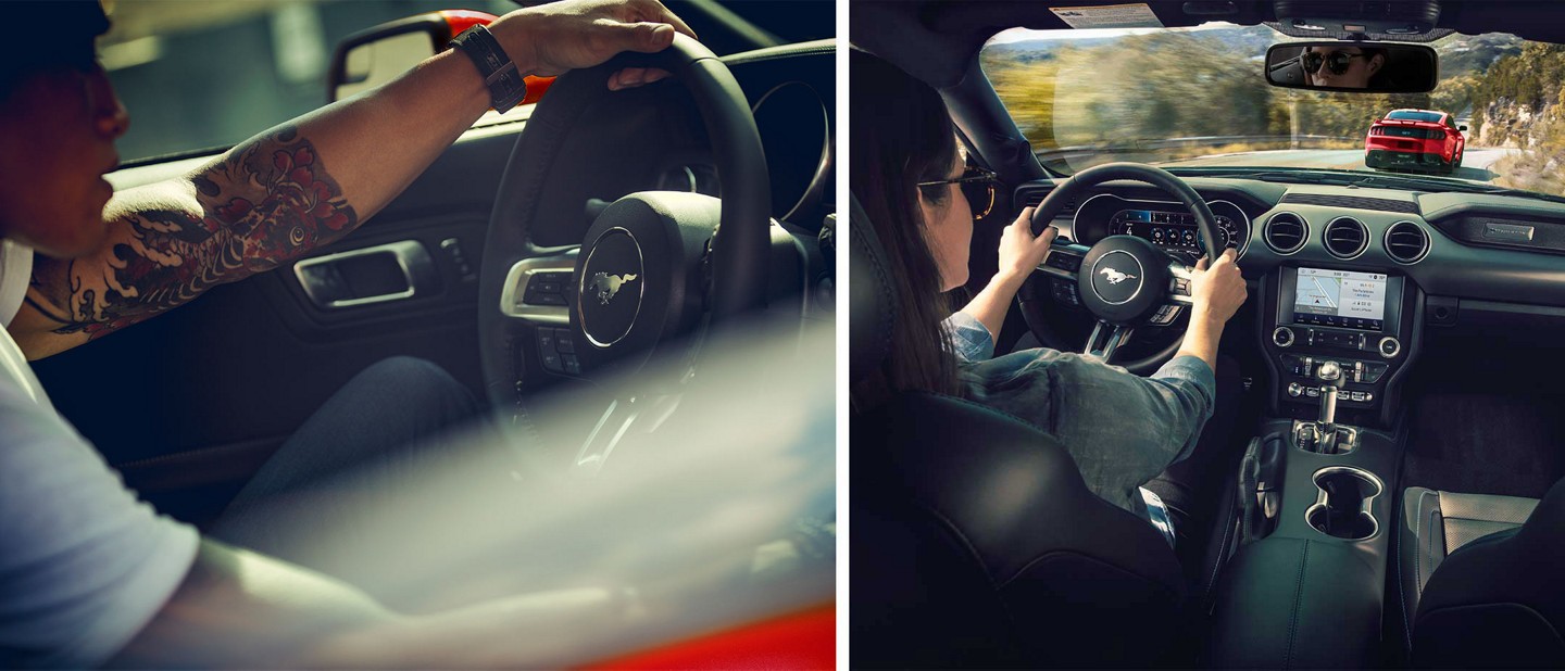 Left side, person driving a 2023 Ford Mustang® coupe. Right side, 2023 Ford Mustang® coupe with a person driving