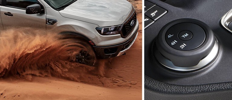 2023 Ford Ranger® being driven through the sand along with a close-up of available drive modes