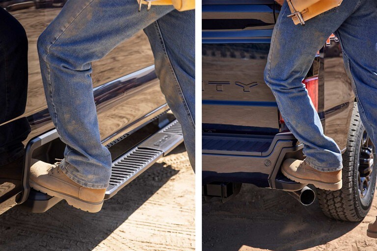 Side by side of a person using the rear bumper step and integrated box side step
