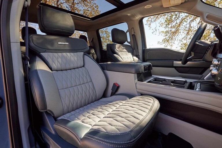 The Two-Tone Limited Admiral Blue and Light Slate Leather Seats in a 2023 Ford Super Duty® Limited model