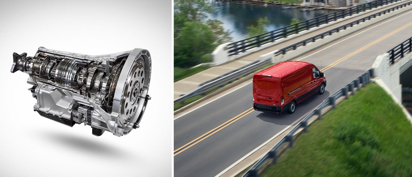 Split screen of the 10-speed transmission on the left and a 2023 Ford Transit® Van being driven down the road on the right