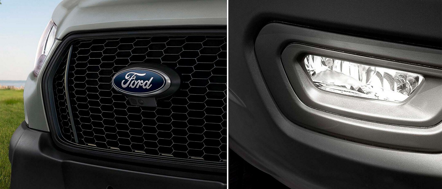 Side-by-side shots of the grille and headlamp of a 2023 Ford Transit® van