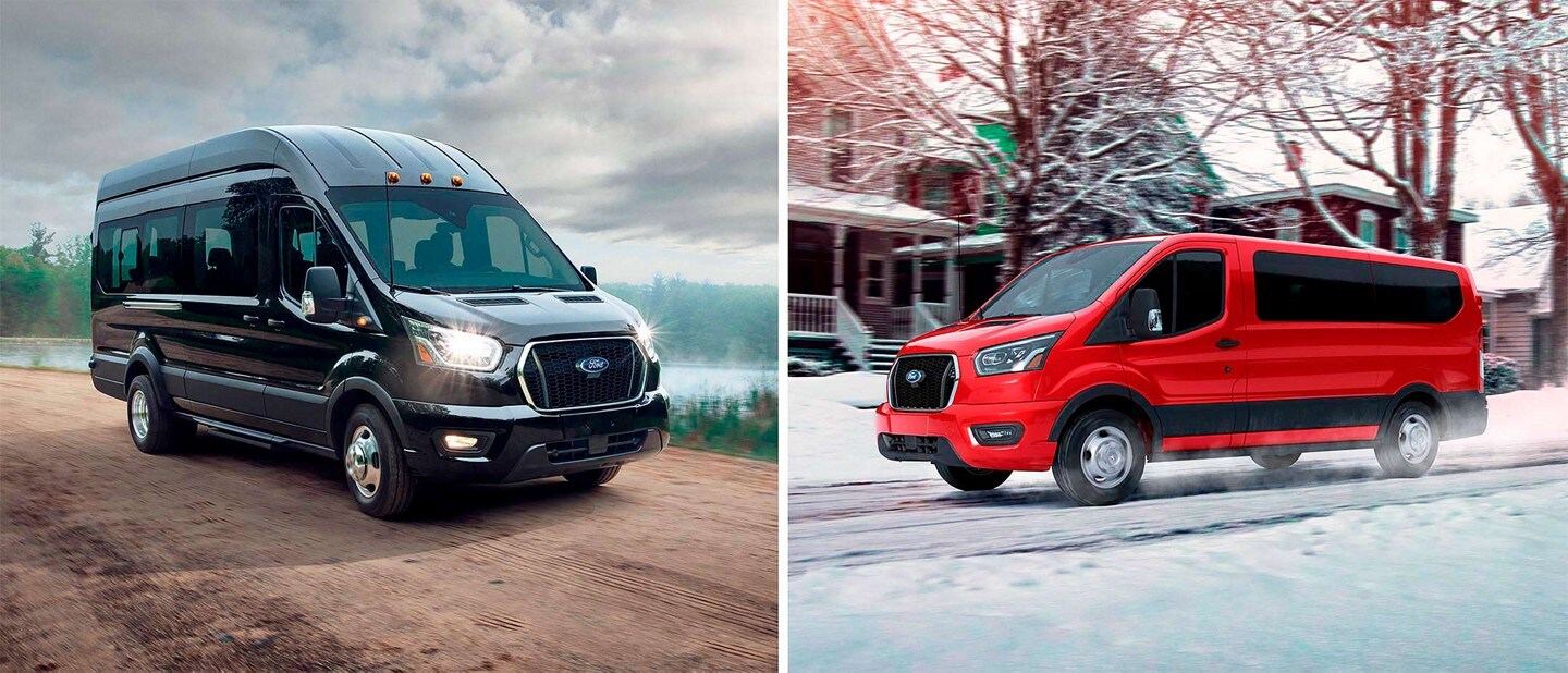 Split-screen of a 2023 Ford Transit® van being driven by a lake and a 2023 Ford Transit® van being driven on snow